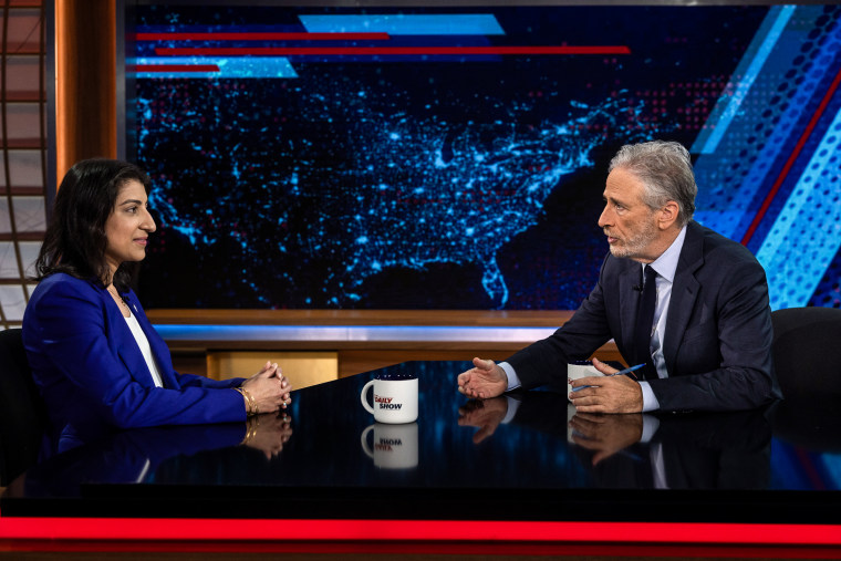 Jon Stewart in conversation with Federal Trade Commission Chairperson Lina Khan on "The Daily Show" on April 1, 2024.