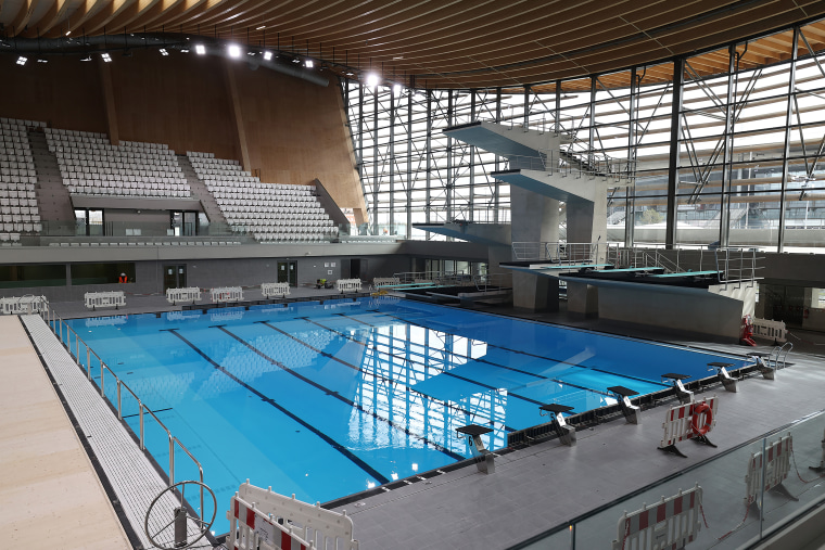 The Olympic Aquatic Centre on March 28, 2024 in Paris, France. It will host the artistic swimming, water polo and diving events. 