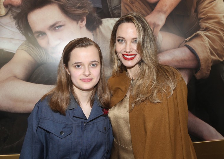 Vivienne Jolie-Pitt and Angelina Jolie attend the opening night of "The Outsiders" at The Bernard B. Jacobs Theatre on April 11, 2024 in New York City. 
