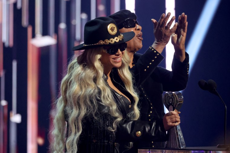 Beyoncé accepts the Innovator Award from Stevie Wonder onstage during the 2024 iHeartRadio Music Awards at Dolby Theatre on April 1, 2024 in Hollywood.