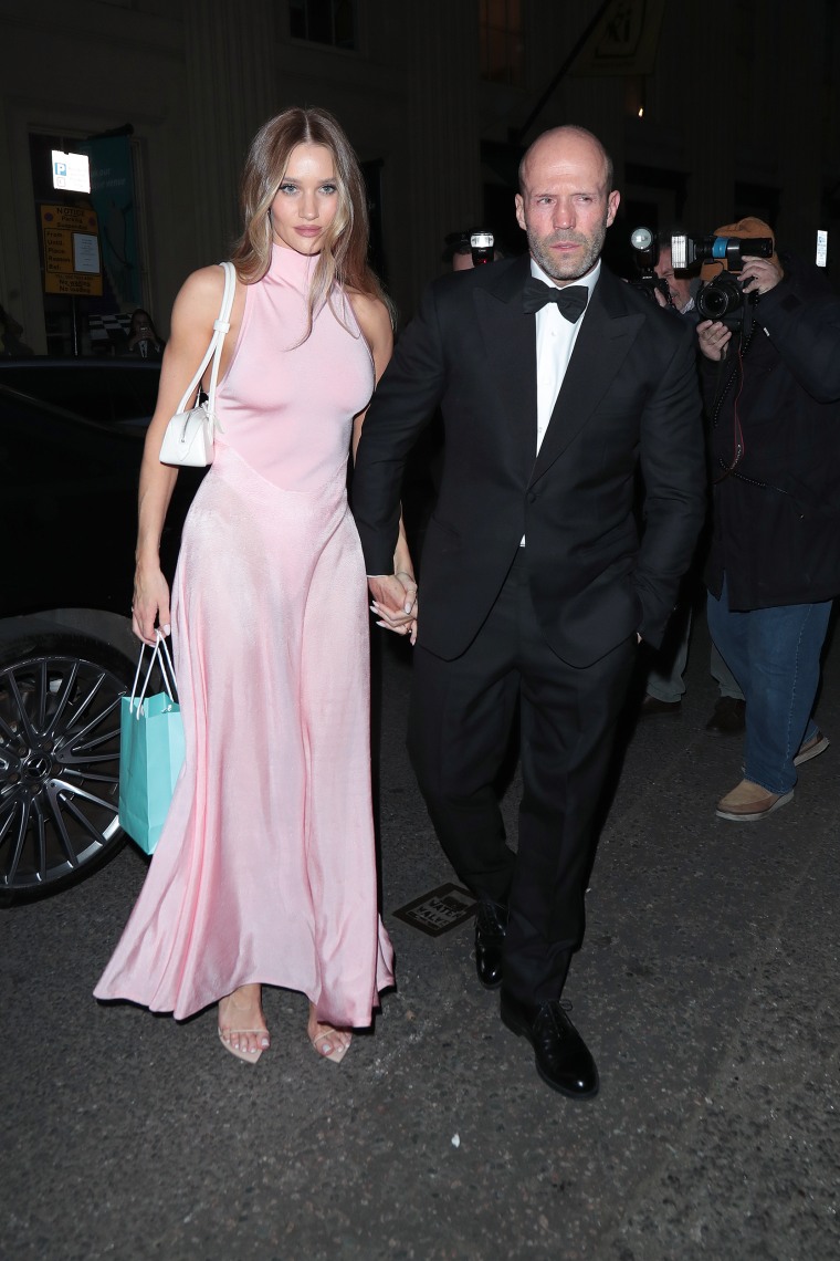 Rosie Huntington-Whiteley and Jason Statham seen attending Victoria Beckham's 50th birthday party at Oswald’s on April 20, 2024 in London, England.