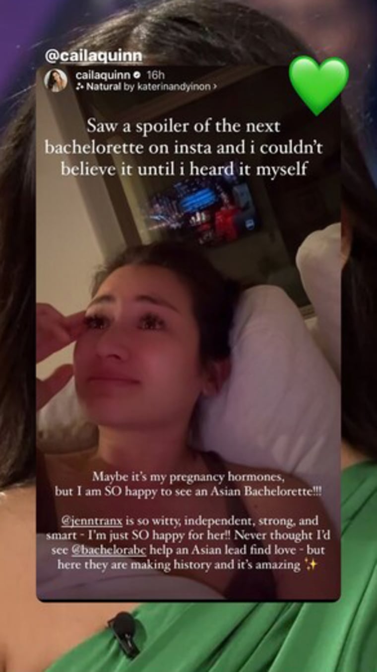 "Bachelor" alum Caila Quinn tearfully reacts to Jenn Tran being named the next bachelorette.