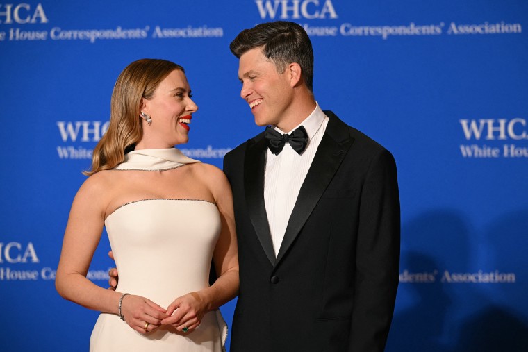 US actress Scarlett Johansson and US comedian Colin Jost arrive for the White House Correspondents' Association dinner at the Washington Hilton, in Washington, DC, on April 27, 2024.