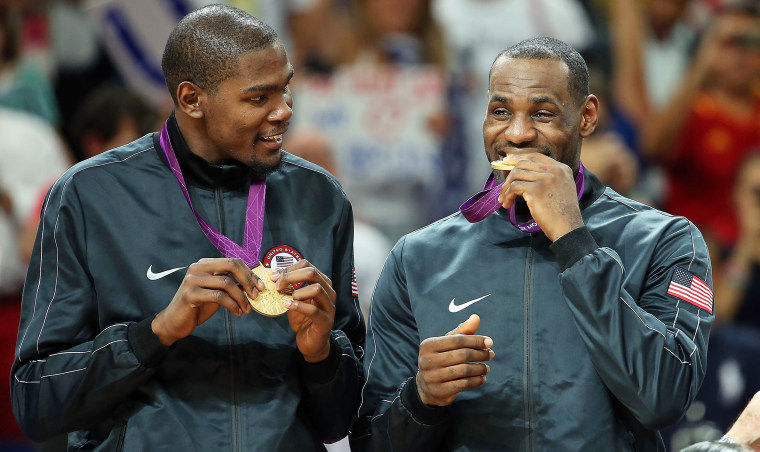 Kevin Durant and LeBron James  at gold medal ceremony at 2012 Summer Olympics in London.