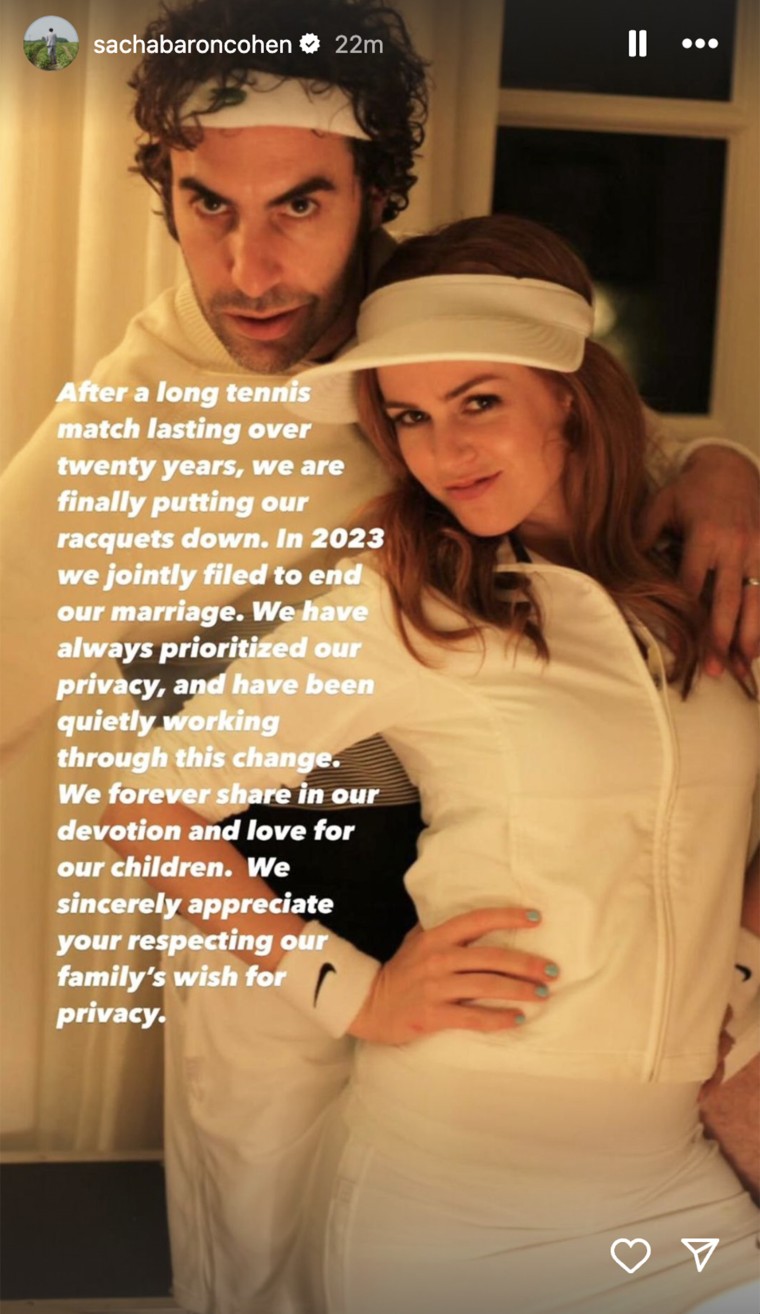 Sacha Baron Cohen and Isla Fisher announced their split April 5 in joint statements on Instagram.