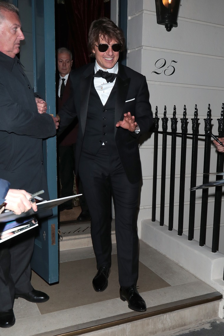 Tom Cruise is seen leaving Victoria Beckham's 50th birthday party at Oswald’s on April 20, 2024 in London, England.
