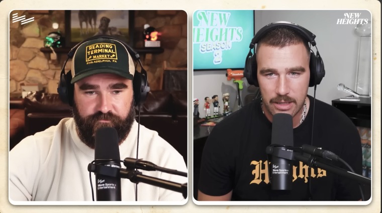 Travis and Jason Kelce discuss the tight end's mustache and mention Taylor Swift.