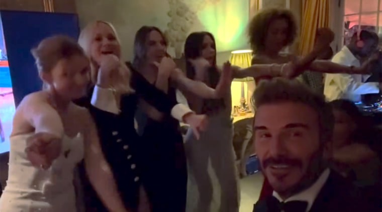 The Spice Girls reunited for some singing and dancing at Victoria Beckham's 50th birthday party. 