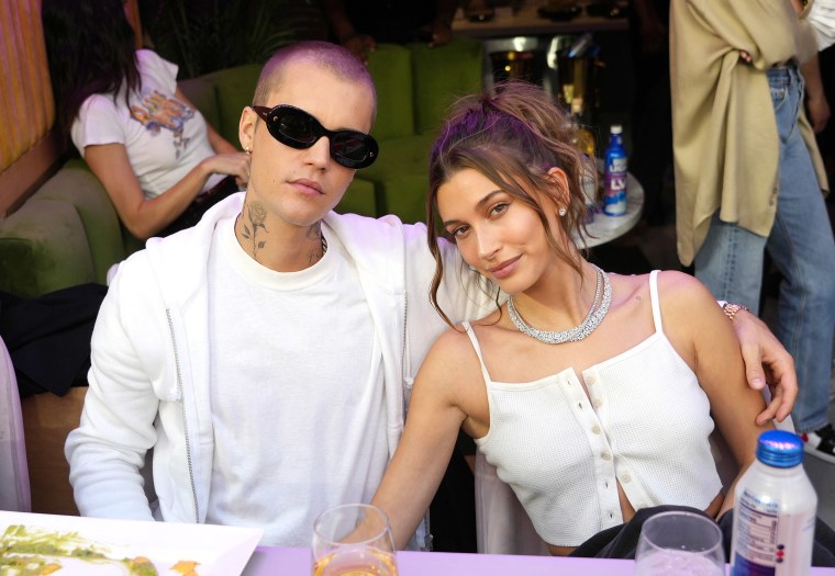 Justin Bieber and Hailey Bieber attend Super Bowl LVI at SoFi Stadium on February 13, 2022 in Inglewood, California. 