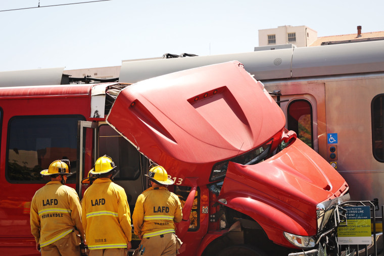 A collision between a Metro train and a bus in Los Angeles