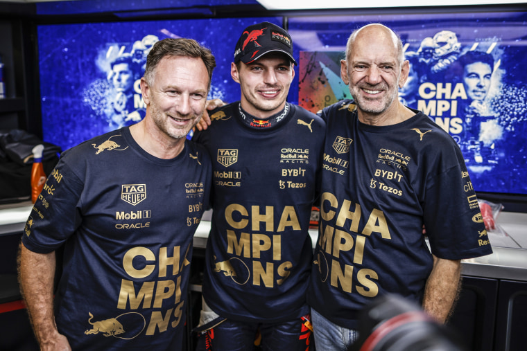 Max Verstappen, Christian Horner and Adrian Newey