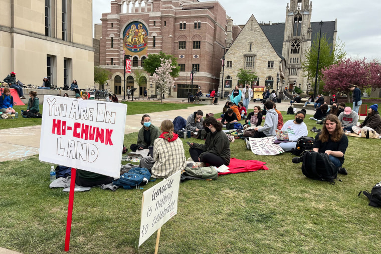Pro-Palestinian protesters on the campus of University of Wisconsin in Madison on May 2, 2024.