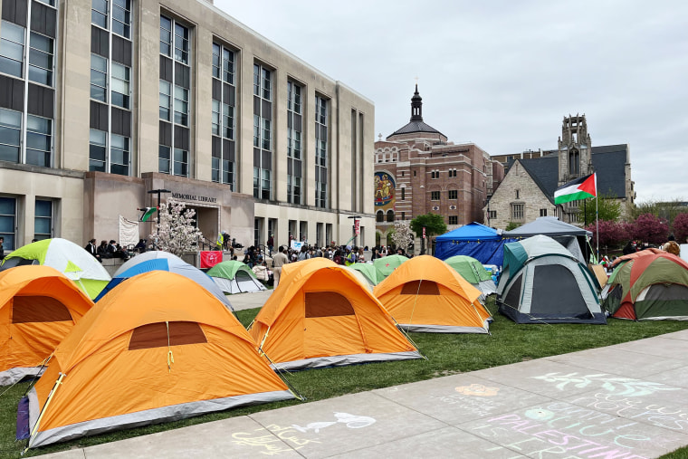The pro-Palestinian encampment on the University of Wisconsin in Madison on May 2, 2024.