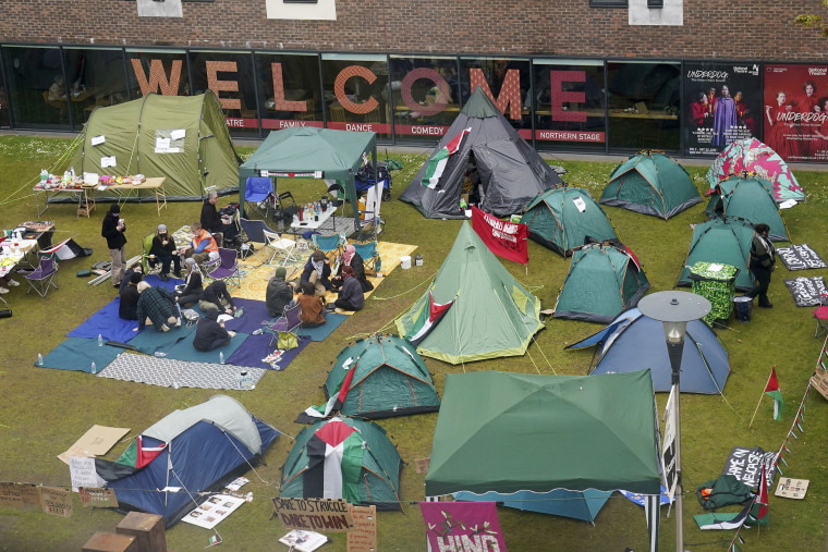 Students in the Britain, including in Leeds, Newcastle and Bristol, have set up tents outside university buildings, replicating the nationwide campus demonstrations in the US, Thursday, May 2, 2024. 