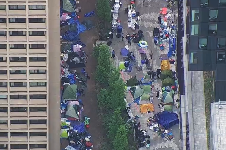 An encampment at NYU's campus in New York City is cleared by officials on May 3, 2024. 