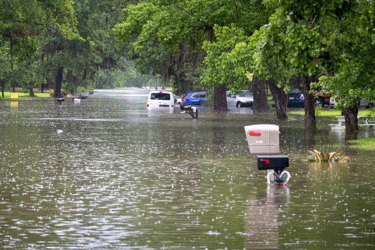 Cars and the tops of mailboxes submerged in water.