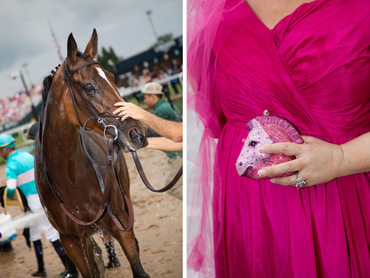 A wet horse is patted by a man; a woman in a pink dress holds a horse shaped clutch.