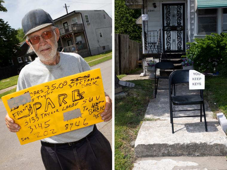 A man holds a sign advertising a parking space in the neighborhood; a resident's chair in front of their home with a "You keep keys" sign.