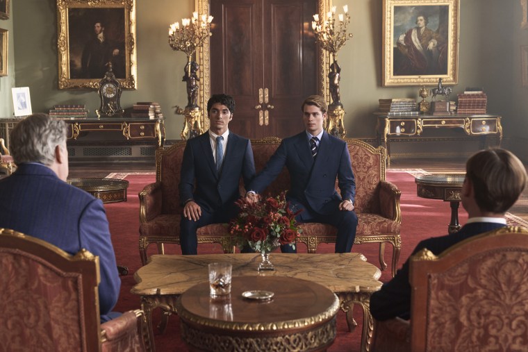 Taylor Zakhar Perez, left, as Alex Claremont-Diaz and Nicholas Galitzine as Prince Henry in Red White and Royal Blue