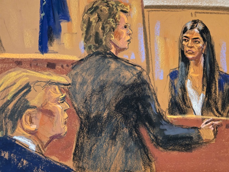 Courtroom sketch of Donald Trump watching as former Director of Oval Office Operations Madeleine Westerhout is cross-examined by defense attorney Susan Necheles