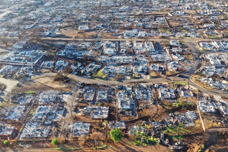 An aerial view of burned homes