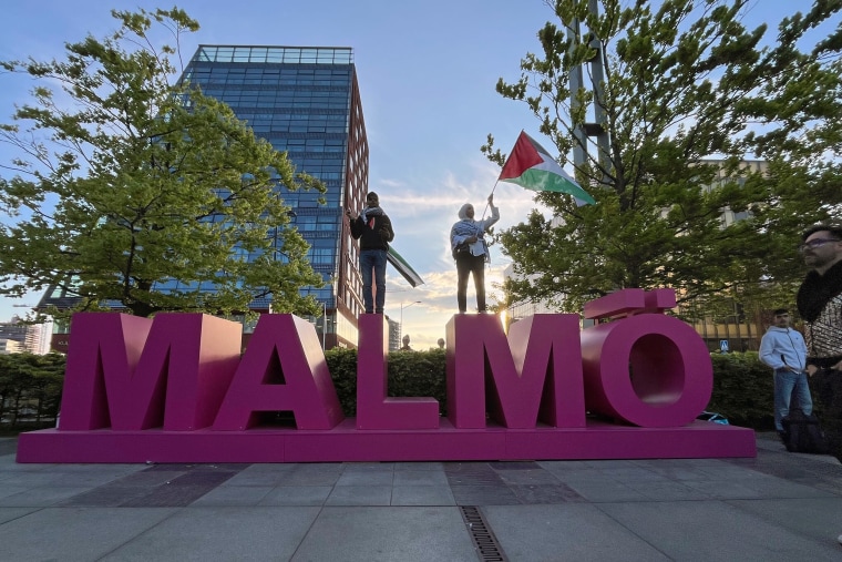 Protesters at the Eurovision Song Contest at Dagvattenparken gather outside the Malmo Arena, in Malmo, Sweden, on May 11, 2024.