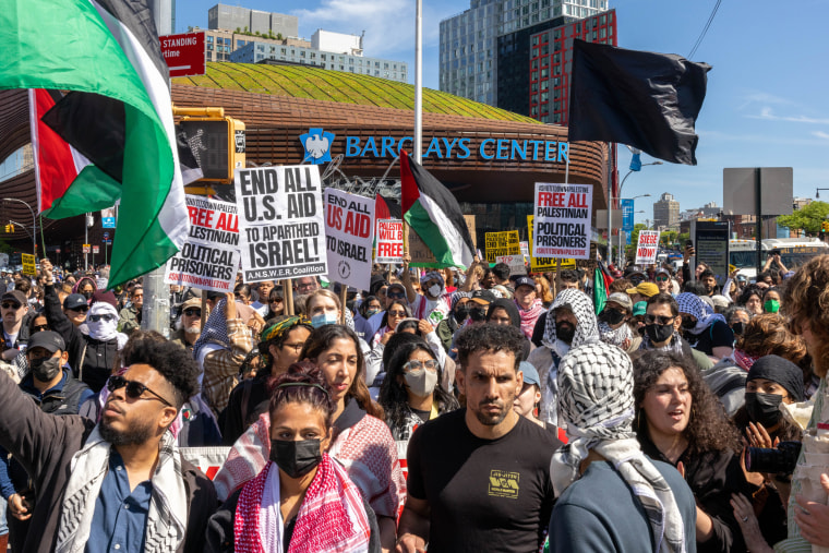 Pro-Palestinian demonstrators outside Barclays Center in Brooklyn, N.Y., on May 11, 2024.