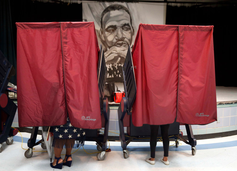 People vote in booths with an image of MLK Jr in the background in 2016