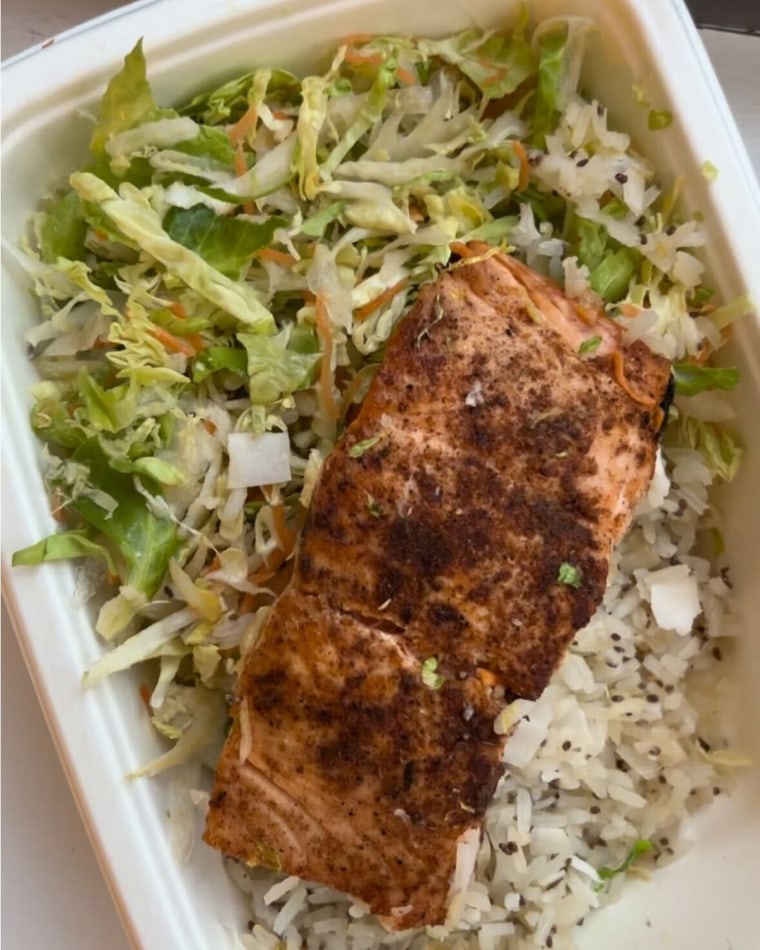 Cookunity meal container with salmon, rice and veggies