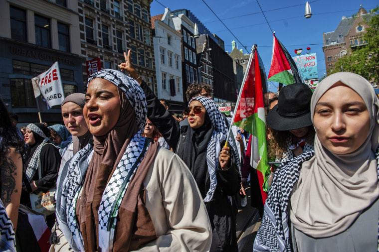 Pro-Palestinians rally in the center of Amsterdam on May 11, 2024. 