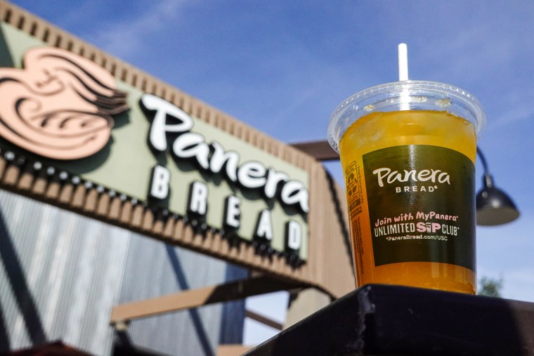 A Panera Bread mango yuzu citrus charged lemonade is displayed at a Panera Bread restaurant