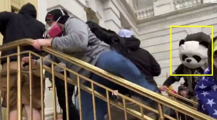 Jesse James Rumson launches himself over a railing at the Capitol on Jan. 6, 2021.