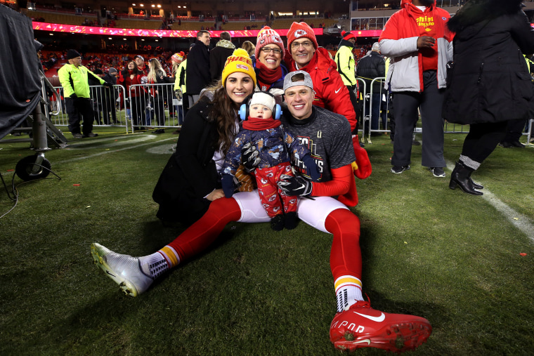 Harrison Butker of the Kansas City Chiefs celebrates on the field after defeating the Tennessee Titans in the AFC Championship Game on Jan. 19, 2020.
