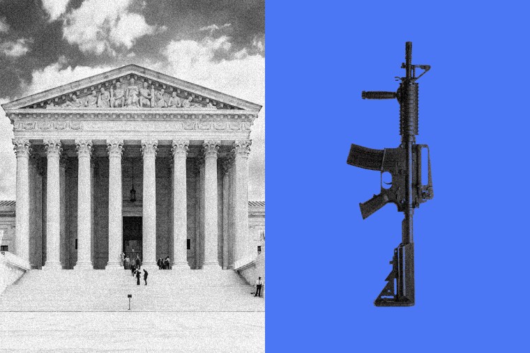 A side by side of supreme court building and AR-15 rifle
