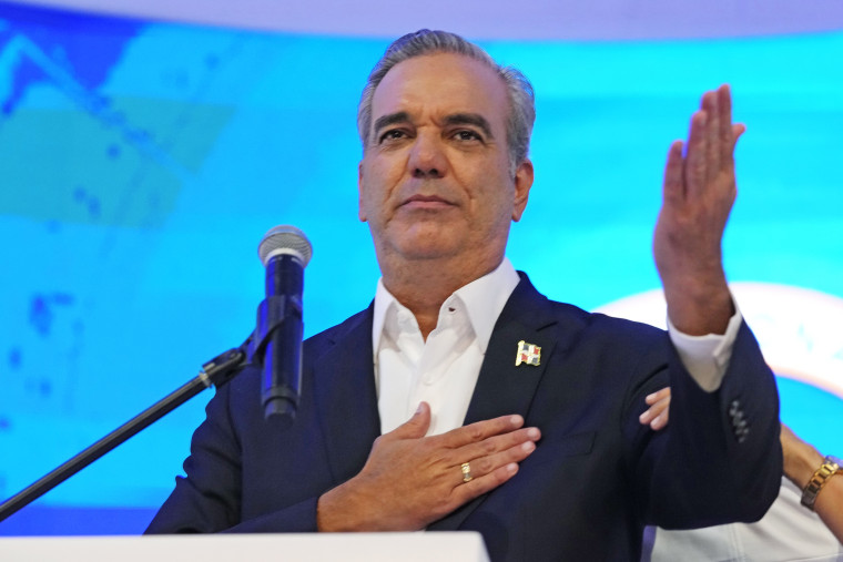 Incumbent presidential candidate Luis Abinader addresses supporters after the first vote count showed him leading in general elections in Santo Domingo, Dominican Republic, Sunday, May 19, 2024. 