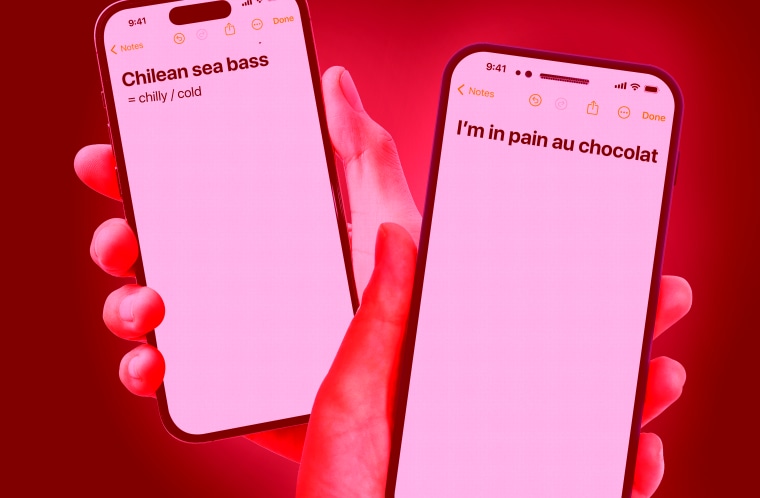 Photo Illustration: Hands holding phones that read "Chilean sea bass" and "I'm in pain au chocolat"