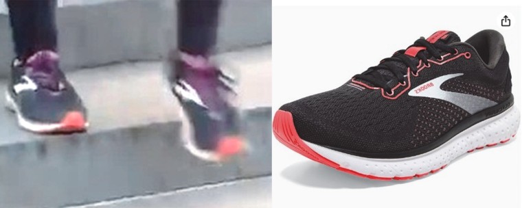 Split image: Left, a closeup showing Kelly’s wife wearing a pair of what appear to be Brooks Women’s Caldera 4 running shoes and right, a screenshot of an Amazon listing for Brooks Women’s Caldera 4 running shoes. 