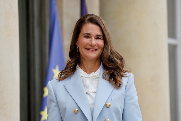 Melinda Gates arrives for a meeting with French President at the Elysee Palace in Paris