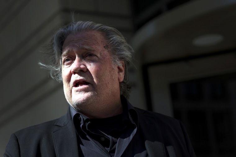 Steve Bannon speaks to the media outside of the E. Barrett Prettyman U.S. Courthouse in Washington, D.C.