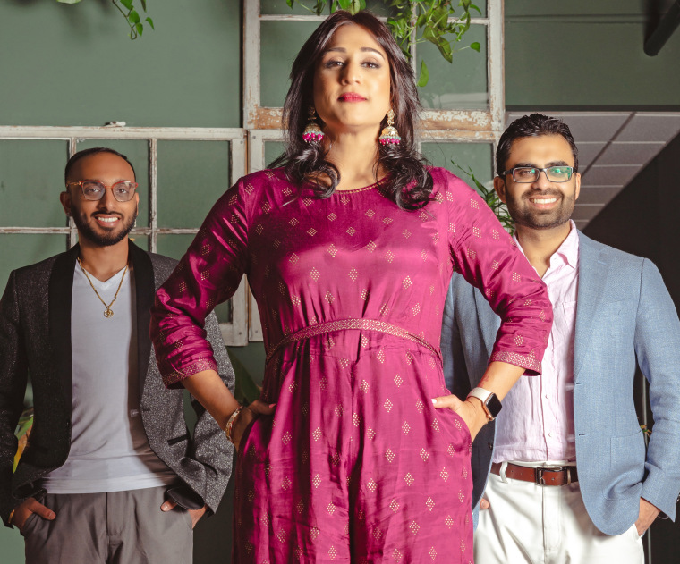 Radha Patel, founder of matchmaking service Single to Shaadi, stands with her team members, head ambassador Utkarsh Shrivastava, left, and former date coach Chiraag Shah.