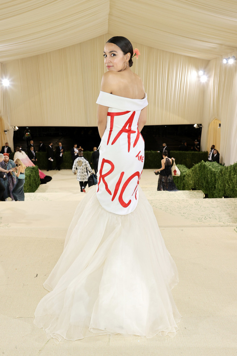 Alexandria Ocasio-Cortez departs The 2021 Met Gala Celebrating In America: A Lexicon Of Fashion at Metropolitan Museum of Art on September 13, 2021 in New York City. 