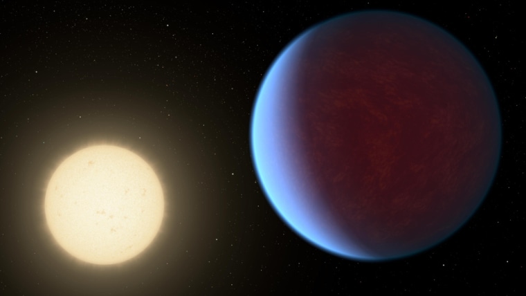 Ilustración de la NASA de 2017 donde se muestra el planeta 55 Cancri e, a la derecha, junto a una estrella.

