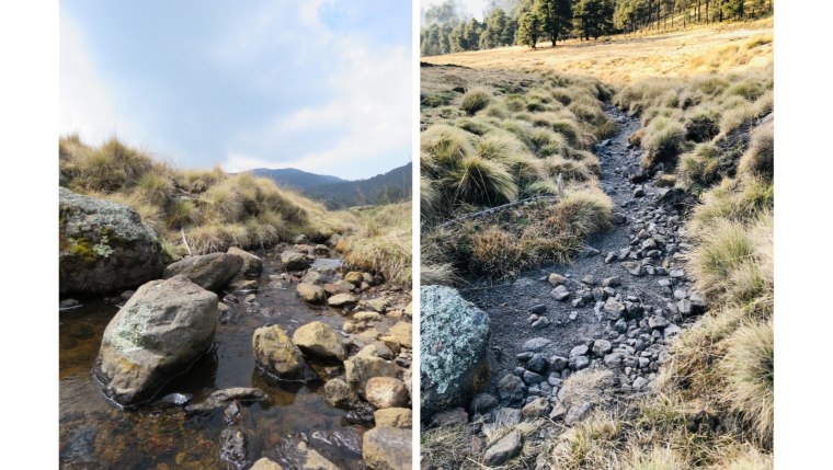 De izquierda a derecha: el arroyo de Tula en 2019, y la situación actual debido a la intensa sequía de la zona.