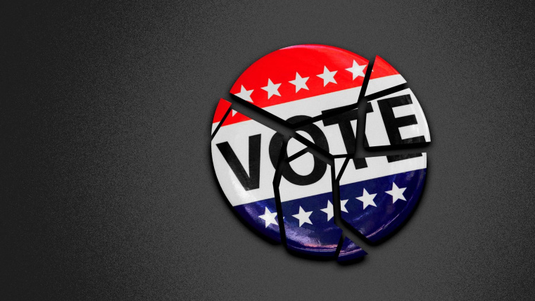 Ilustración de un botón de "voté" como los dados en Estados Unidos que está partido en pedazos
