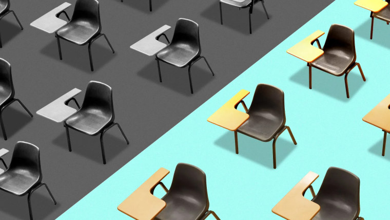 Ilustración de un aula de clases con una línea a la mitad. De un lado hay pupitres en color gris y del otro lado en color azul, en representación de la segregación escolar en EE.UU.