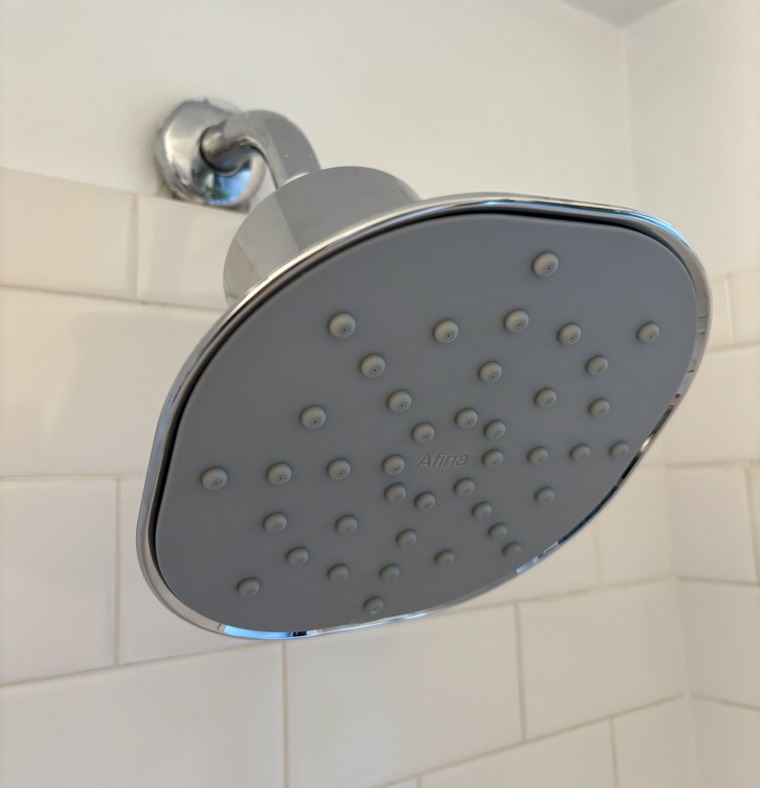 The Afina A-01 filtered showerheadead in black installed in a bathroom