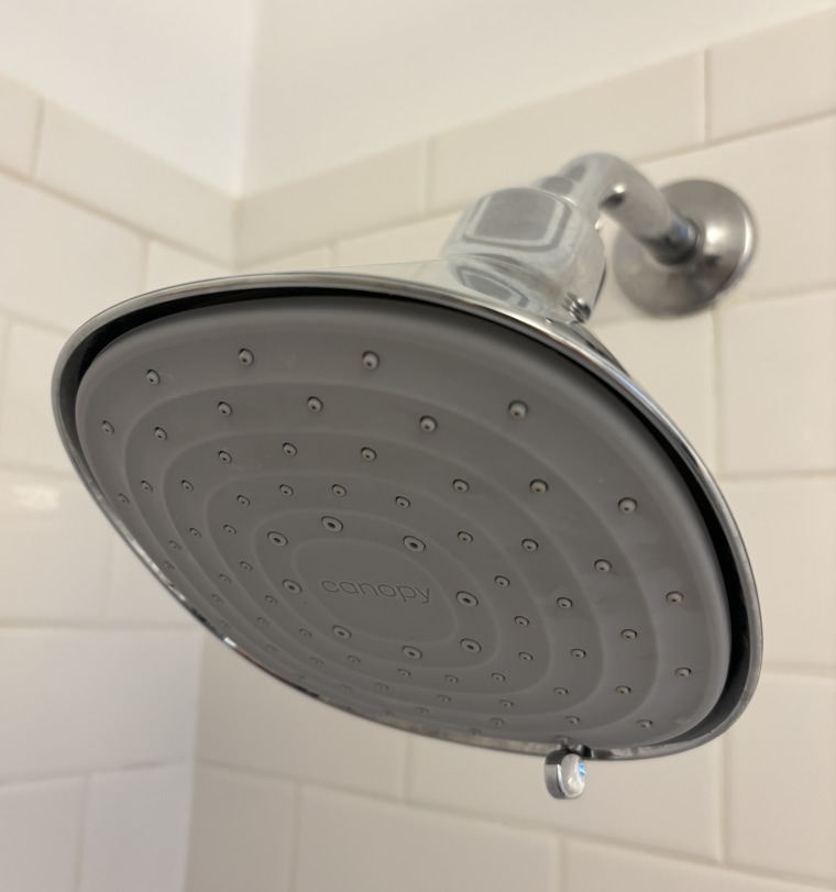 The Canopy filtered showerhead in a Polished Chrome color installed in a bathroom