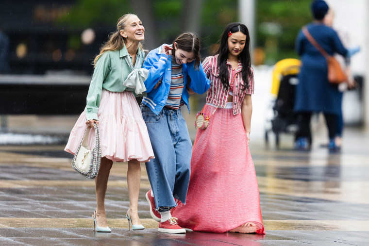 Sarah Jessica Parker, Alexa Swinton and Cathy Ang are seen filming "And Just Like That..." in Lincoln Center on May 10, 2024, in New York City.