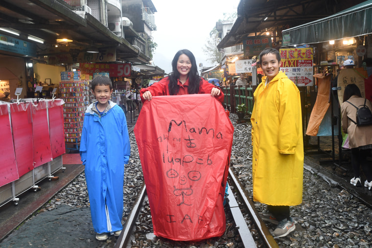Writer JiaYing Grygiel with her two sons in various Taiwan settings.