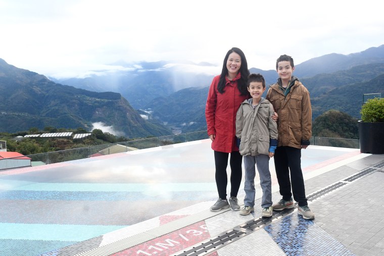 Writer JiaYing Grygiel with her two sons in various Taiwan settings.